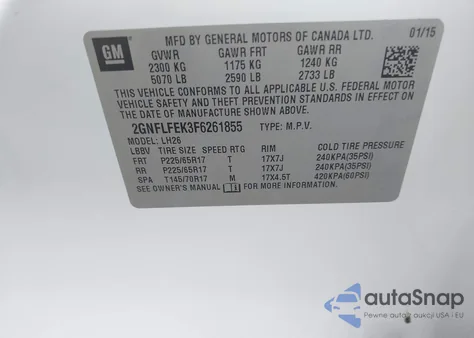 2015 Chevrolet Equinox Lt z USA, uszkodzony, nr VIN 2GNFLFEK3F6261855